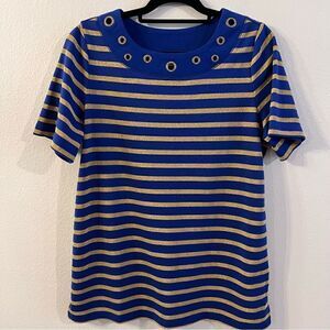 Quacker Factory Shirt Womens Blue Gold Striped Round Neck Top rhinestones Size M